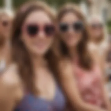 A group of friends wearing matching heart sunglasses during a bachelorette party.