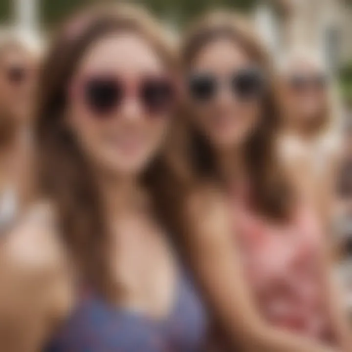 A group of friends wearing matching heart sunglasses during a bachelorette party.