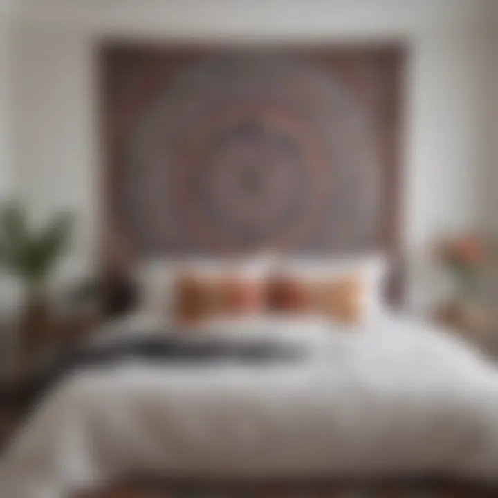 A serene bedroom featuring boho mandala wall art as a focal point