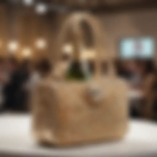 Elegant champagne bottle purse displayed in a fashion show setting