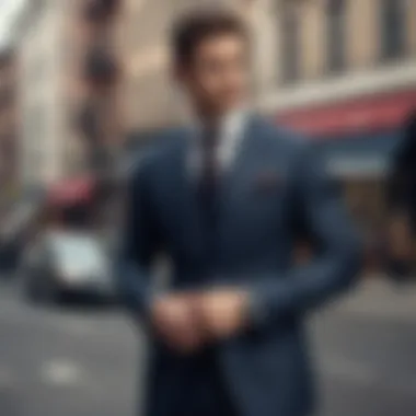 An elegant male figure dressed in a tailored suit against a stylish urban backdrop.