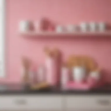 Stylishly decorated kitchen shelf with pink adhesive liner