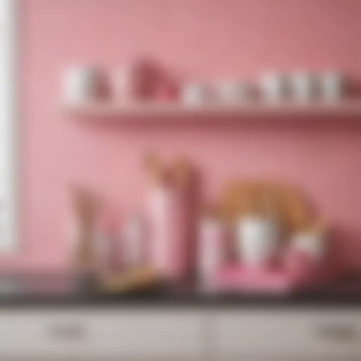 Stylishly decorated kitchen shelf with pink adhesive liner