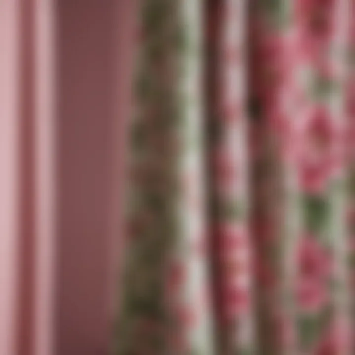 Close-up view of fabric texture and floral patterns on a pink and green shower curtain