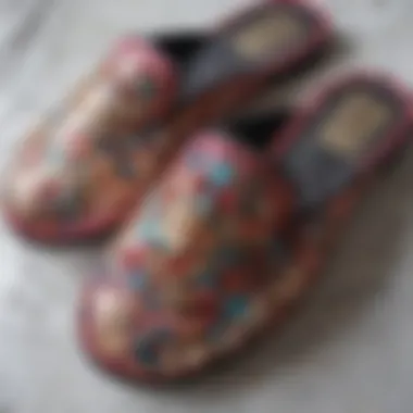 Close-up of intricate sequinned patterns on slippers