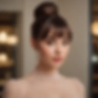 Elegant bun with bangs hairstyle showcased on a mannequin