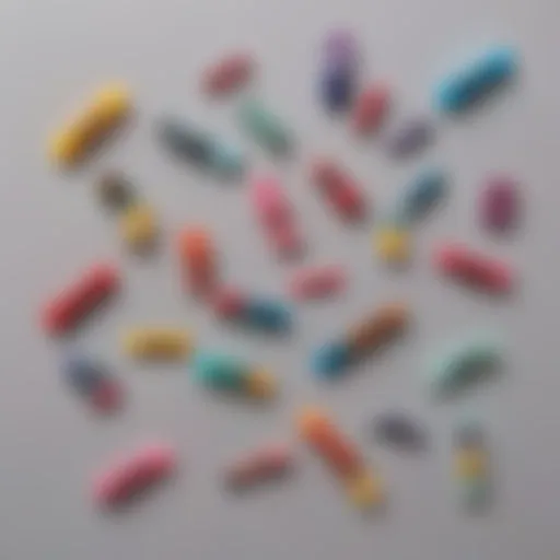 Close-up of colorful hair clips arranged artistically