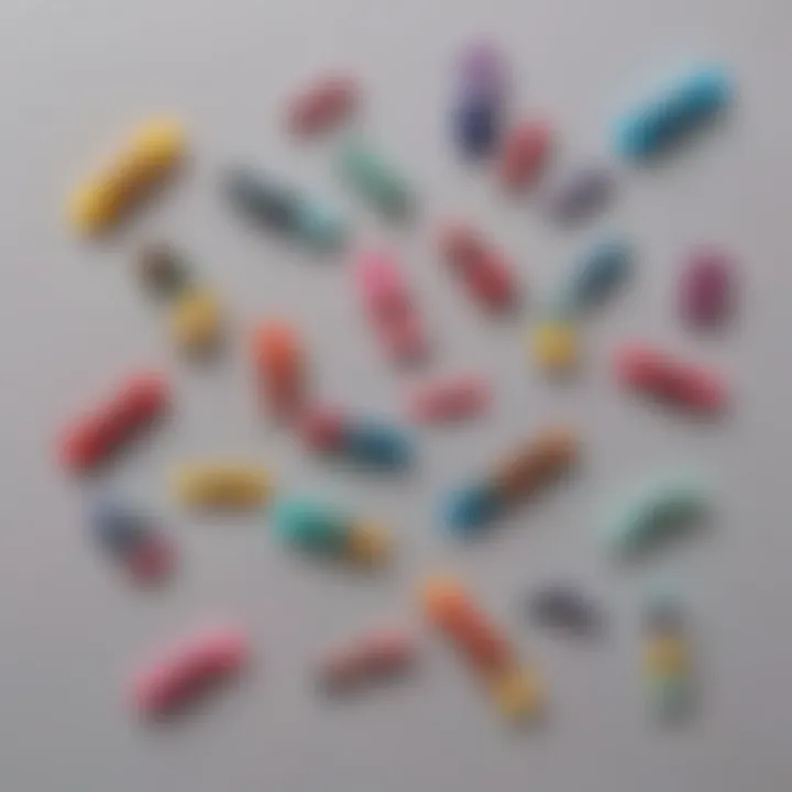 Close-up of colorful hair clips arranged artistically