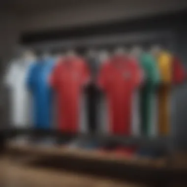 Diverse styles of v-neck soccer jerseys displayed on a rack