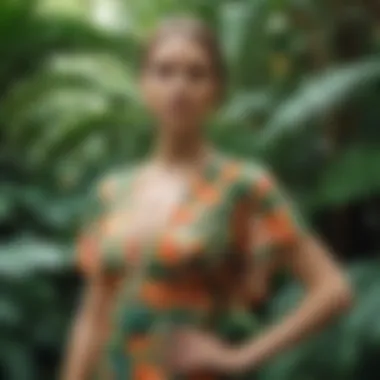 Elegant tropical dress displayed against a lush green backdrop