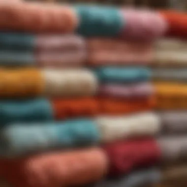 An array of colorful flokati blankets neatly displayed in an artisanal shop.