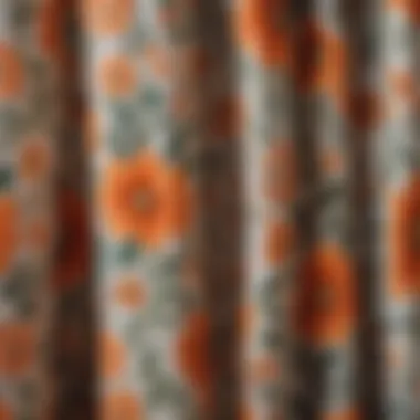 Close-up of fabric texture and floral patterns in shower curtain