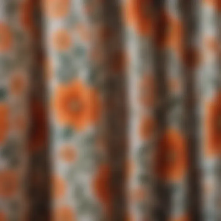 Close-up of fabric texture and floral patterns in shower curtain