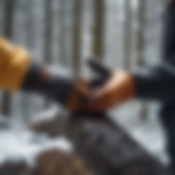 Winter gloves being worn during an outdoor activity like hiking.