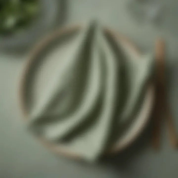 Close-up of sage green paper napkins folded in a creative design