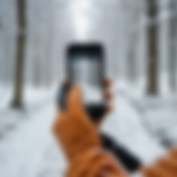 A person using a smartphone with winter gloves on in a snowy landscape.