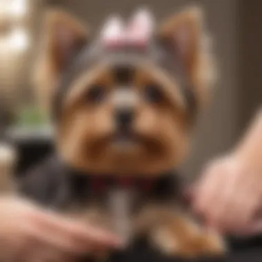 Yorkie puppy being groomed with a stylish hair bow